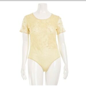 Escada Margaretha Ley Sheer Embroidered Mesh Bodysuit Yellow Gold women's size M